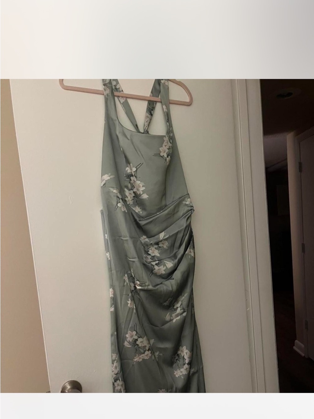 Azazie Floral Sage Green Satin Dress with Draped Skirt